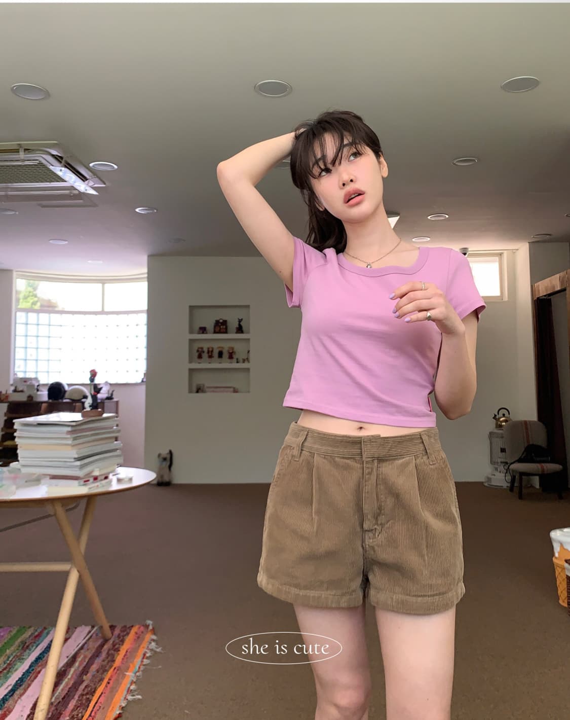 쉬이즈큐트 수피마U넥 핑크 1번 착용 상품이미지1