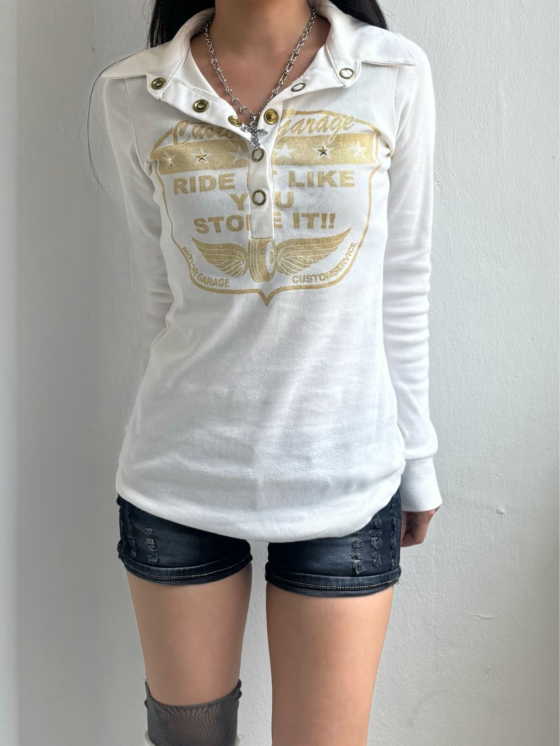 Vintage Graphic Snap Button Collared Top 상품이미지4