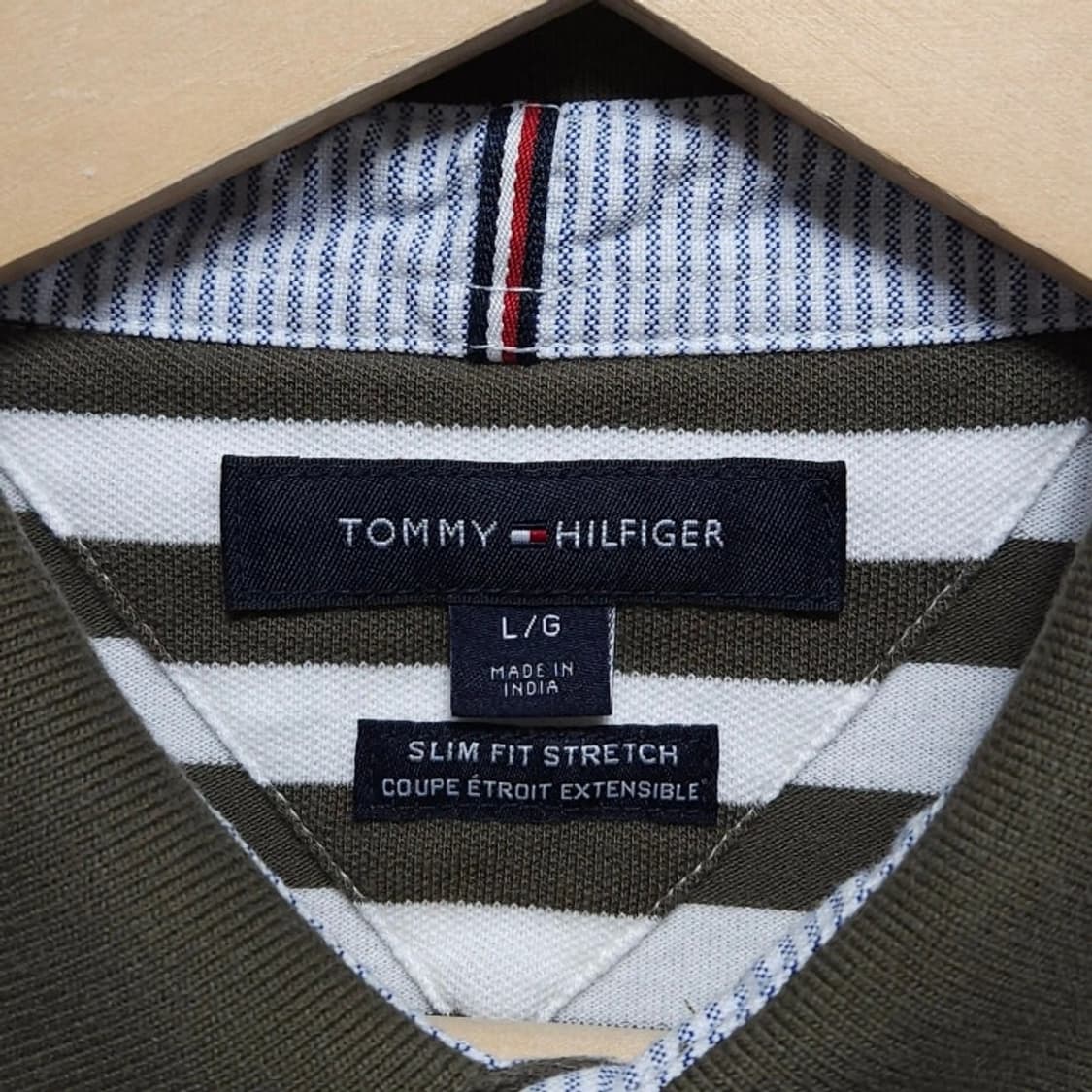 100 TOMMY 타미 힐피거 반팔 카라티 스트라이프 카키 상품이미지3