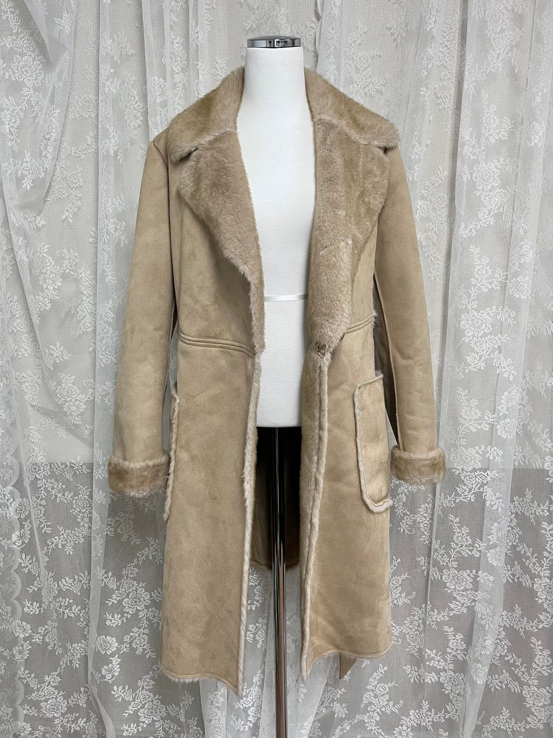 XS) dkny 도나카란 노치드 칼라 벨트 무스탕 코트 상품이미지4