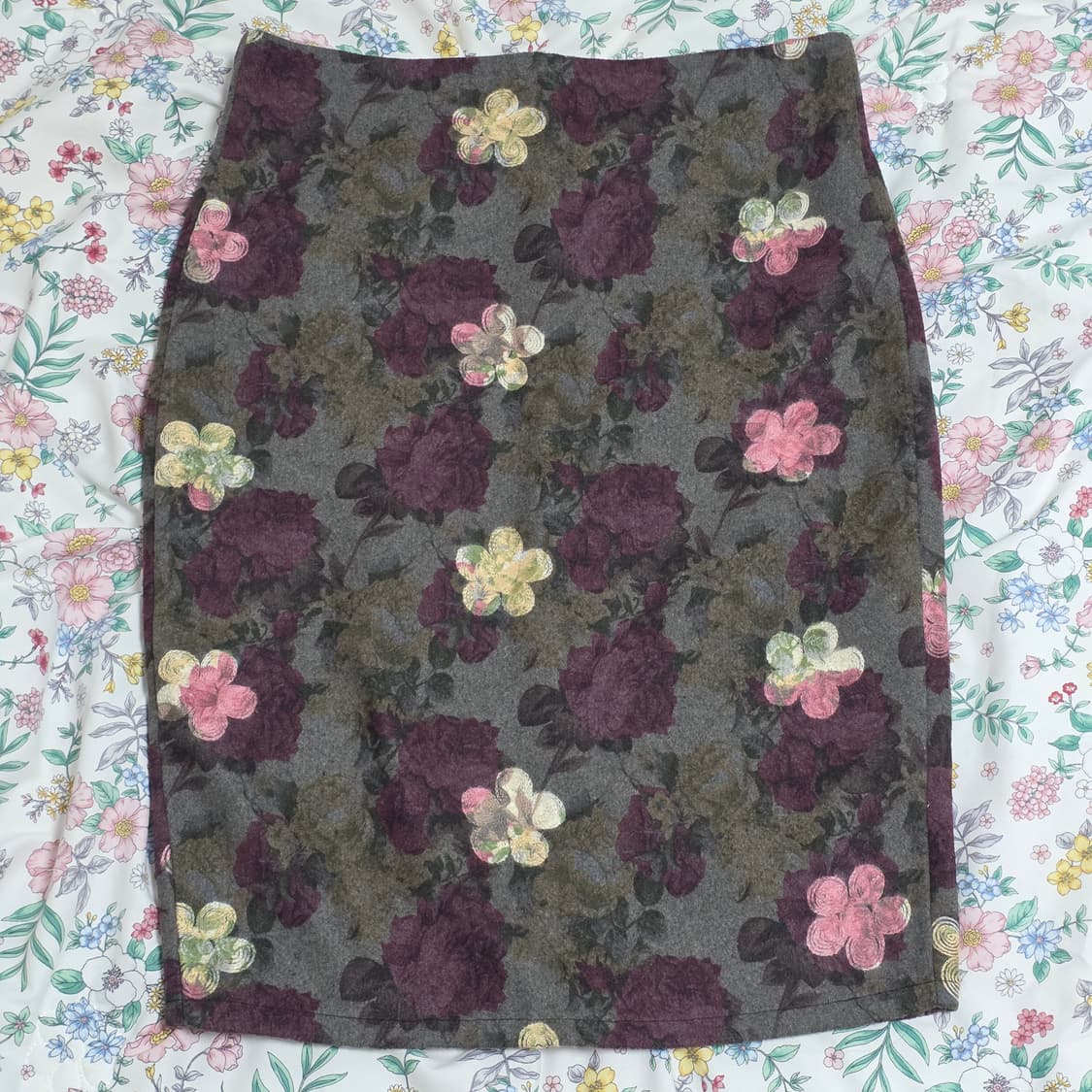 일본빈티지)플로럴 고전모리걸st 고딕로리타 로맨틱 로즈 모직 미디스커트 상품이미지1