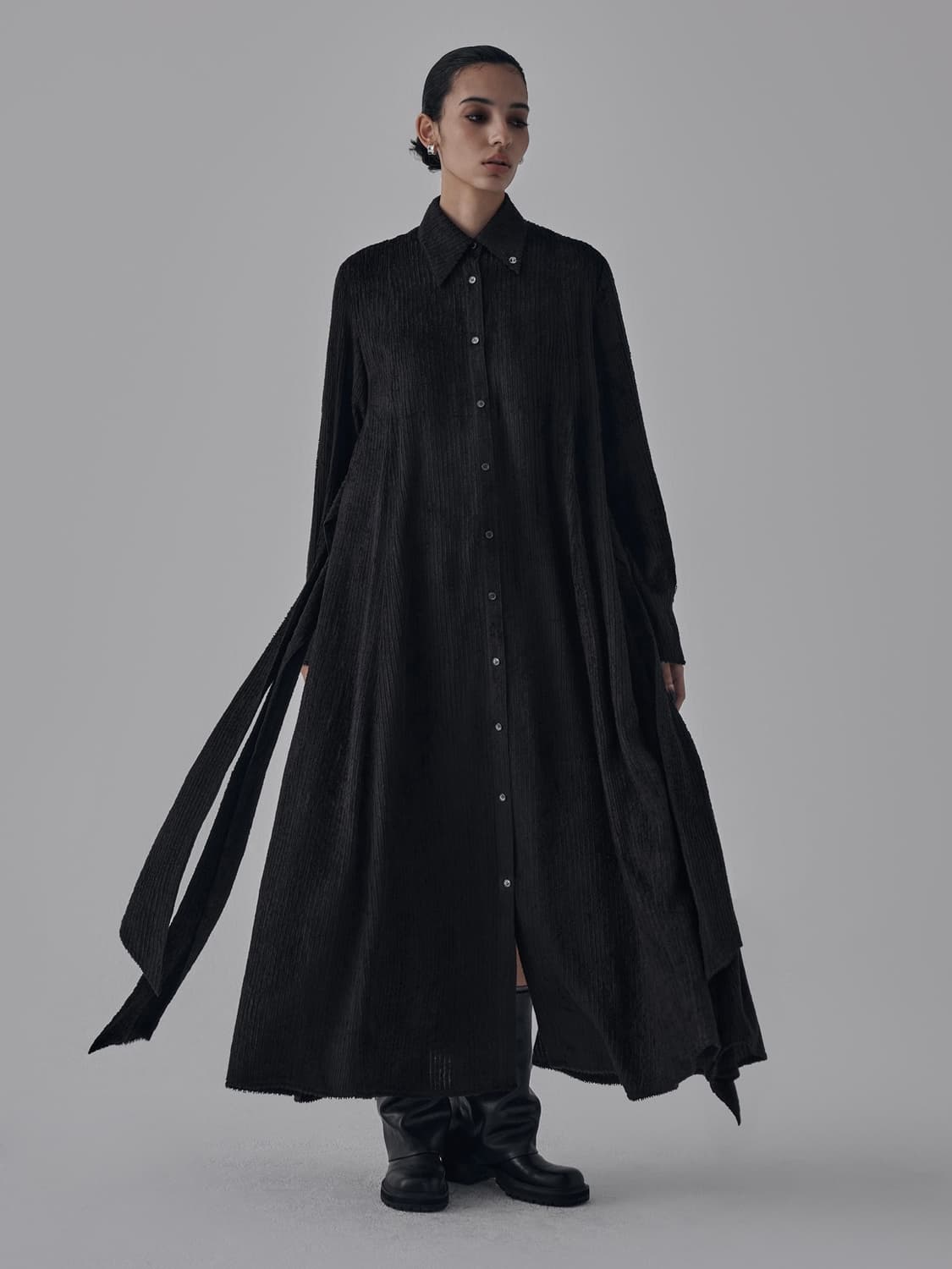 트리밍버드 스트라이프 스트랩 롱 셔츠 원피스 블랙 상품이미지5