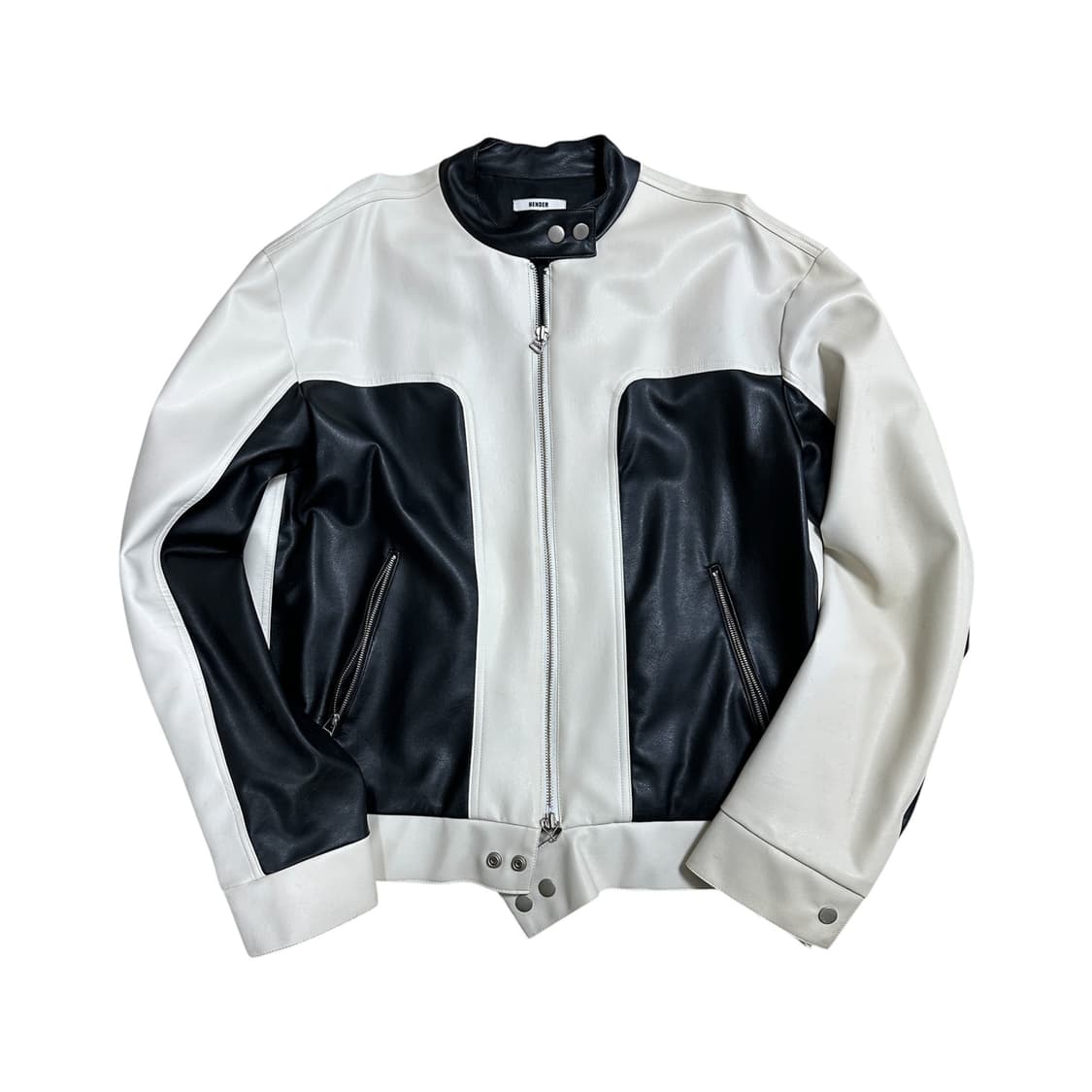 Hender 화이트 블랙 배색 레더 자켓 상품이미지1