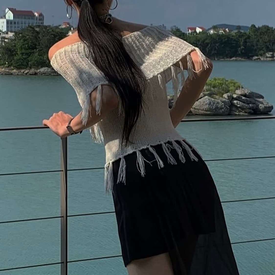 Treemingbird-Tassel Open Shoulder Knit 상품이미지2