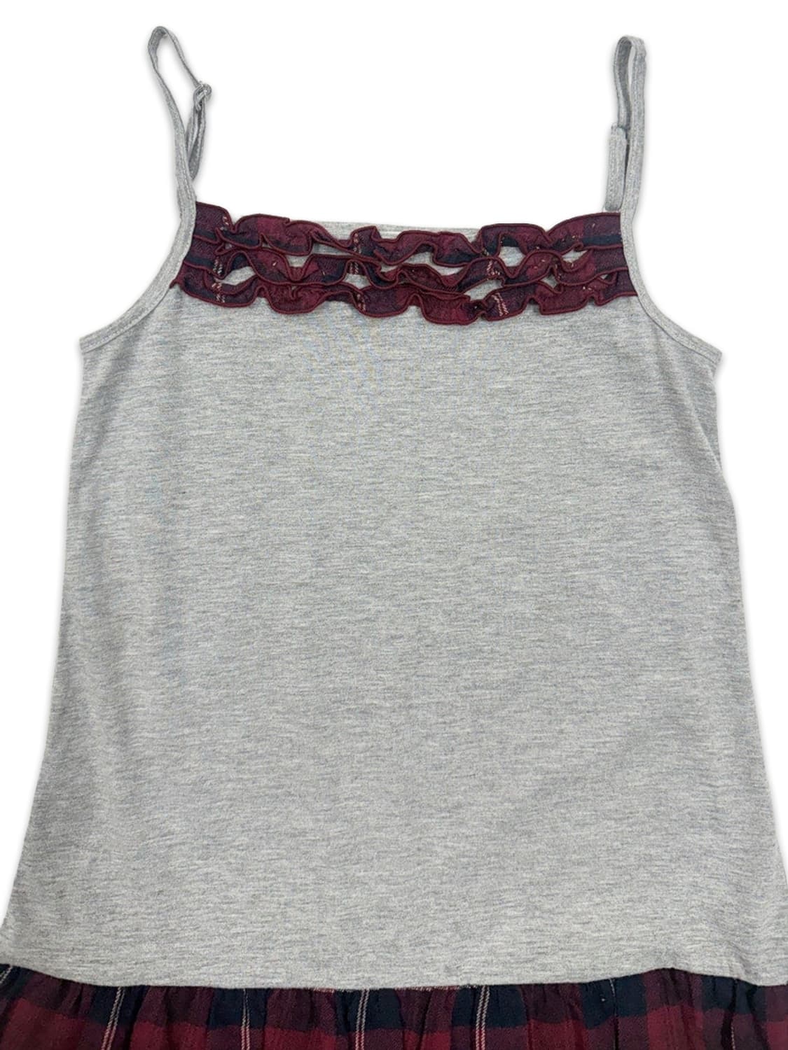 빈티지 Olive Des Olive 그레이 레드 프릴레이어드 슬리브리스 상품이미지3