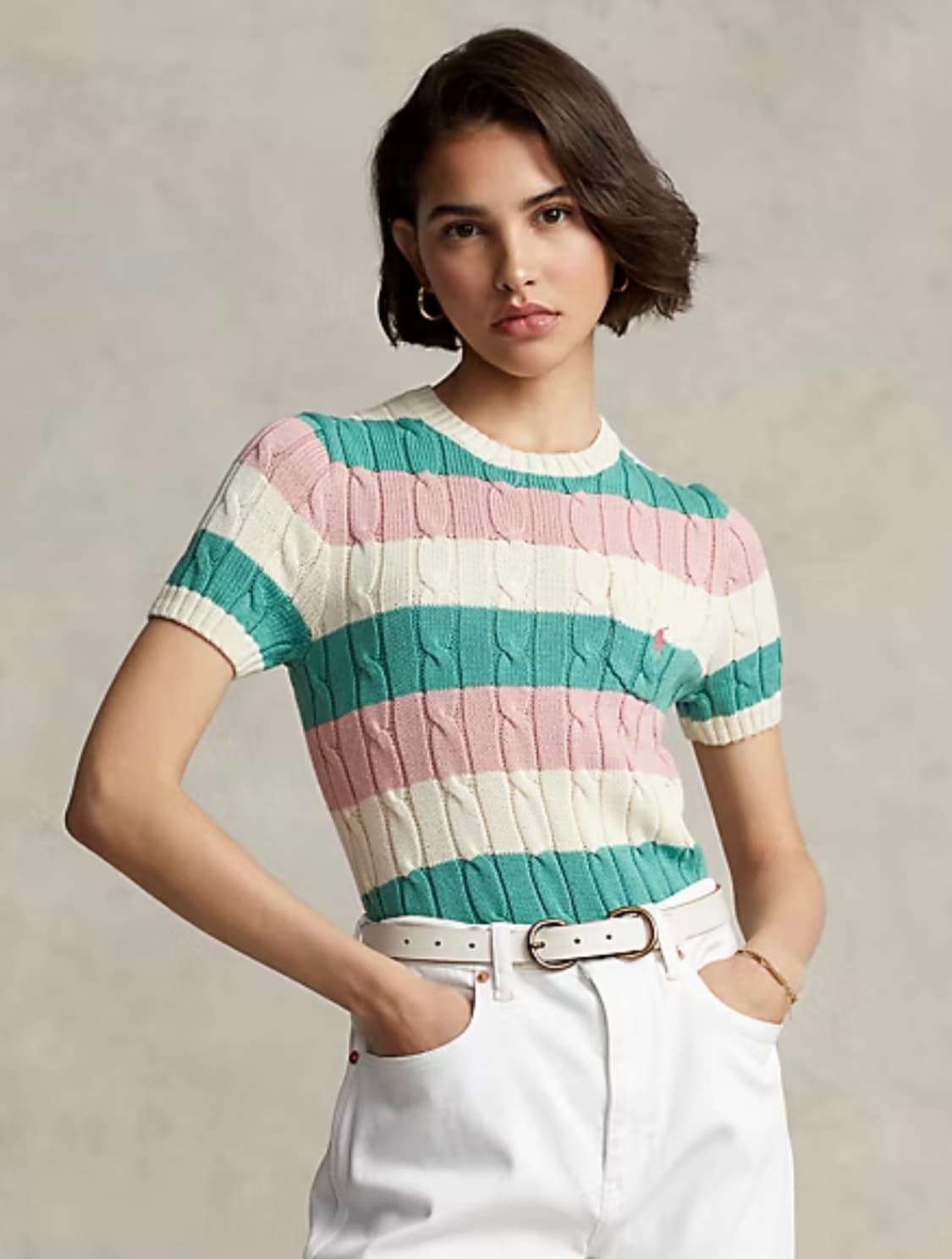 폴로 랄프로렌 신형 QR 피마코튼 케이블 스트라이프 파스텔 니트반팔 M 상품이미지5