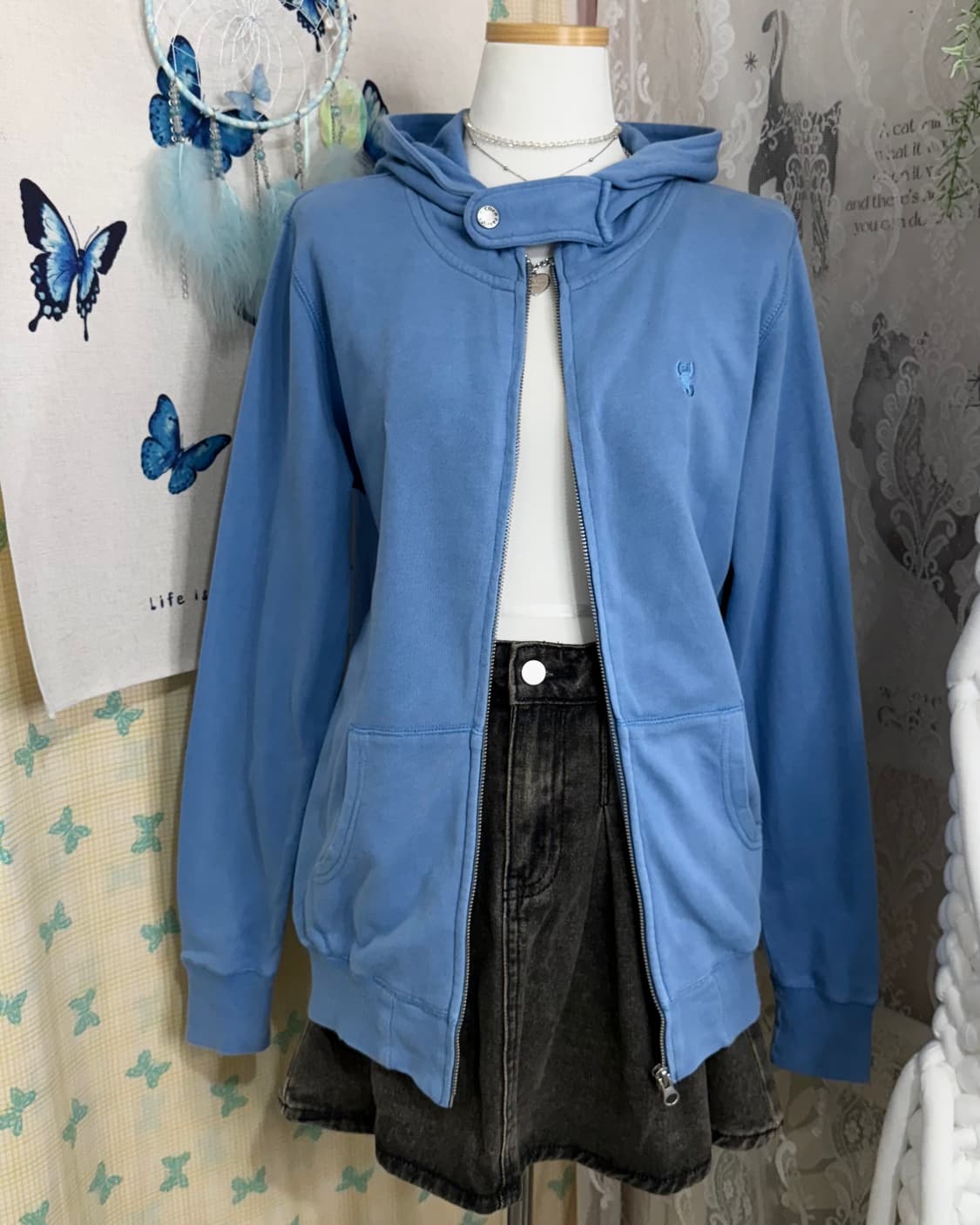 하늘색 넥 버튼 후드 집업 상품이미지6