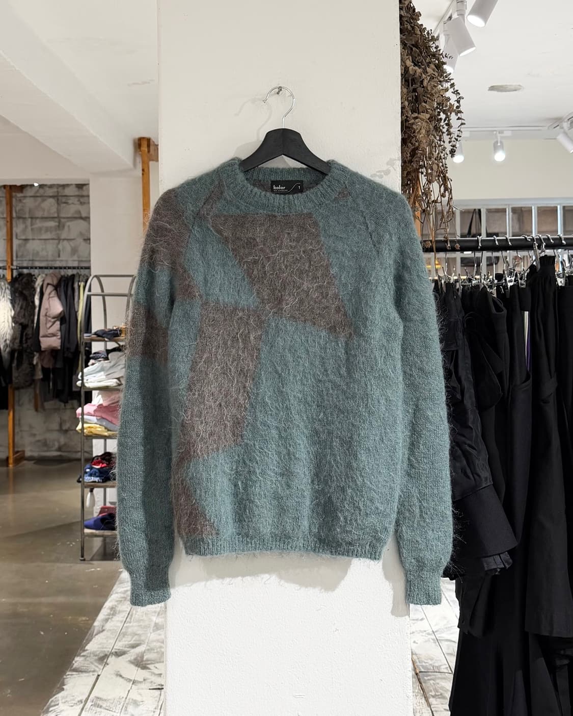 컬러 민트 브라운 배색 패턴 모헤어 니트 상품이미지1