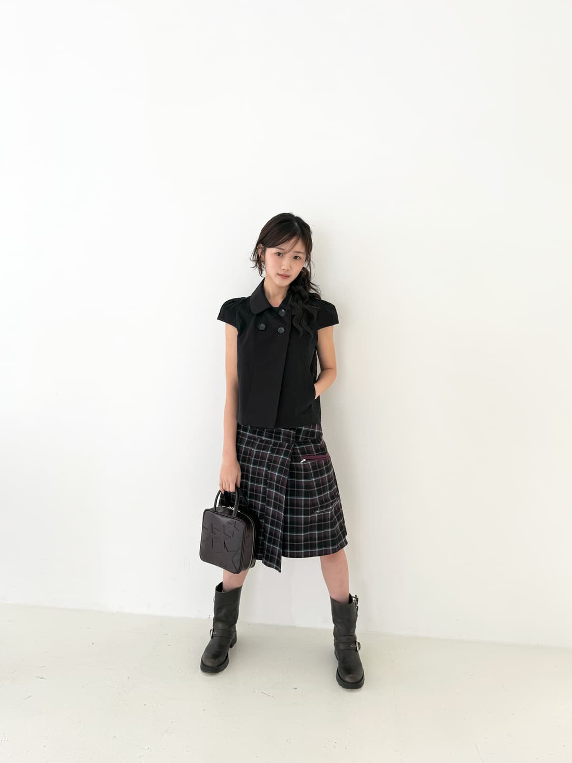 yinandyang Wrap pleats skirt, checked 상품이미지1