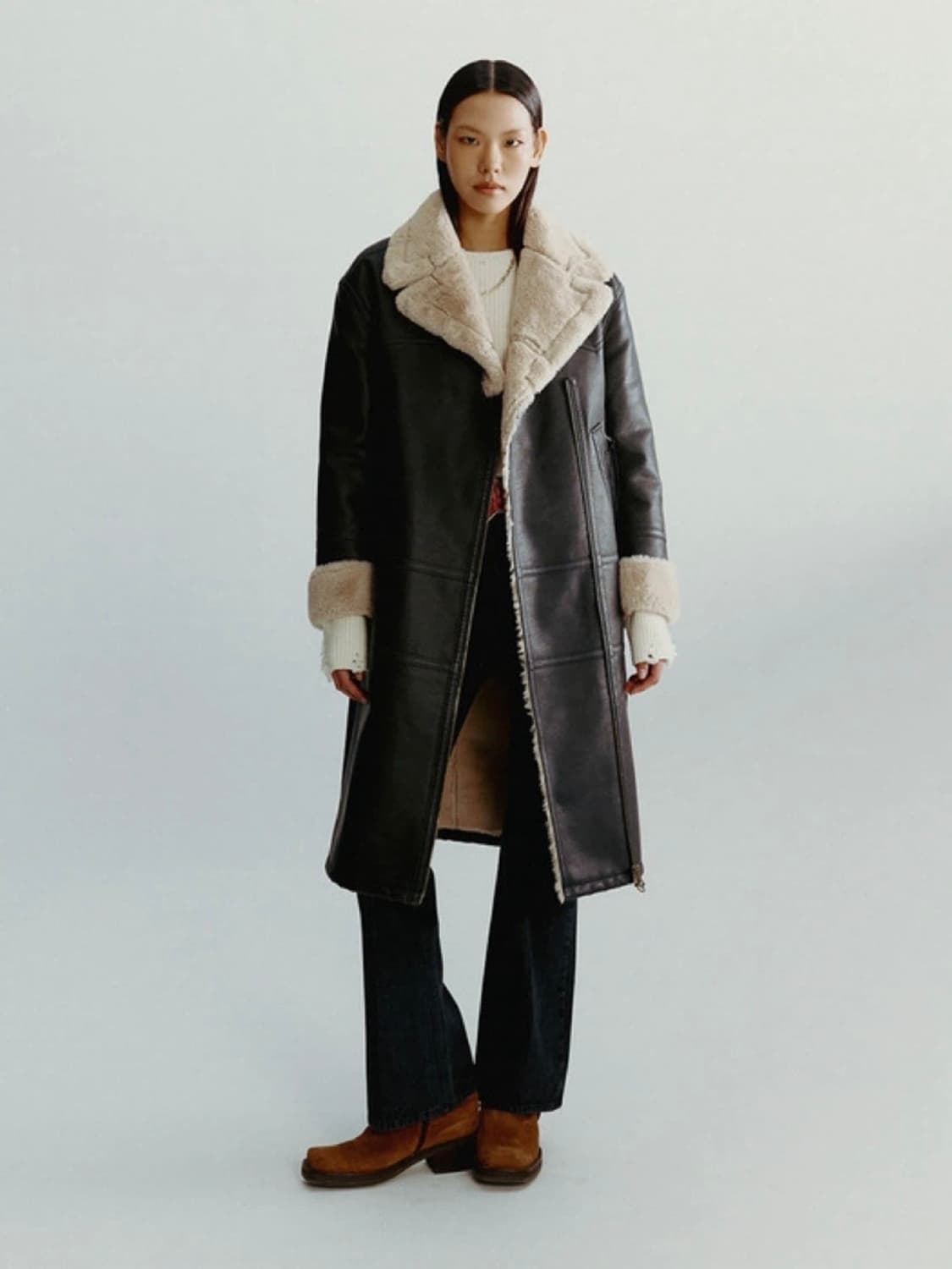 랭글러 우먼즈 하이넥 롱 무스탕 자켓 브라운 M 상품이미지1