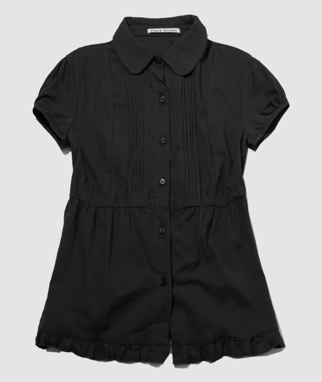 플레이스 스튜디오 퍼프소매 크롭 스트링 프릴 반팔 블라우스 셔츠 블랙 상품이미지1