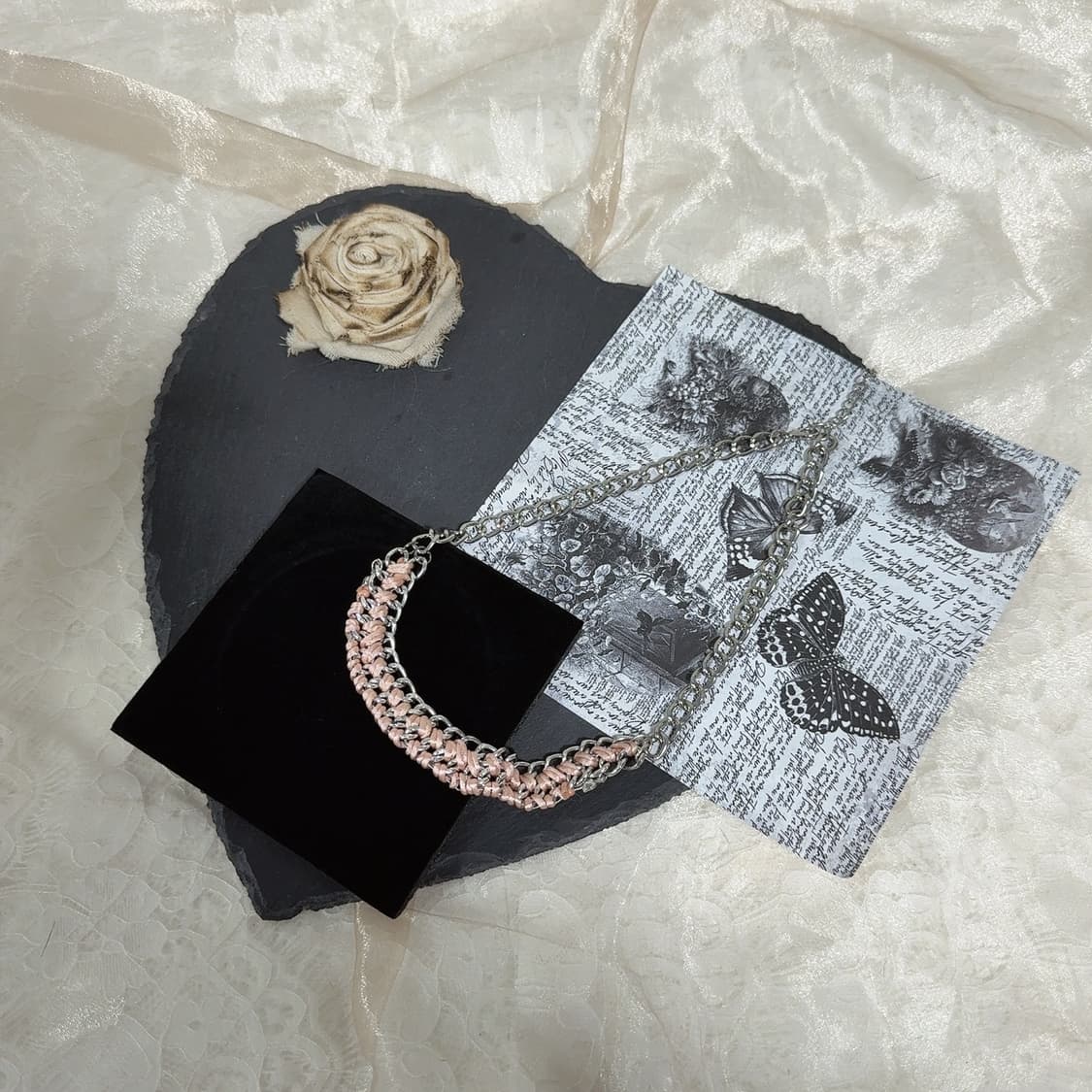 빈티지 핑크 리본 브레이드 쿠바체인 목걸이 상품이미지2