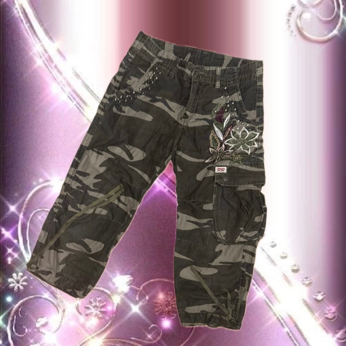 빈티지 미친 디테일 자수 큐빅 7부 밀리터리 카고 바지 y2k 상품이미지2