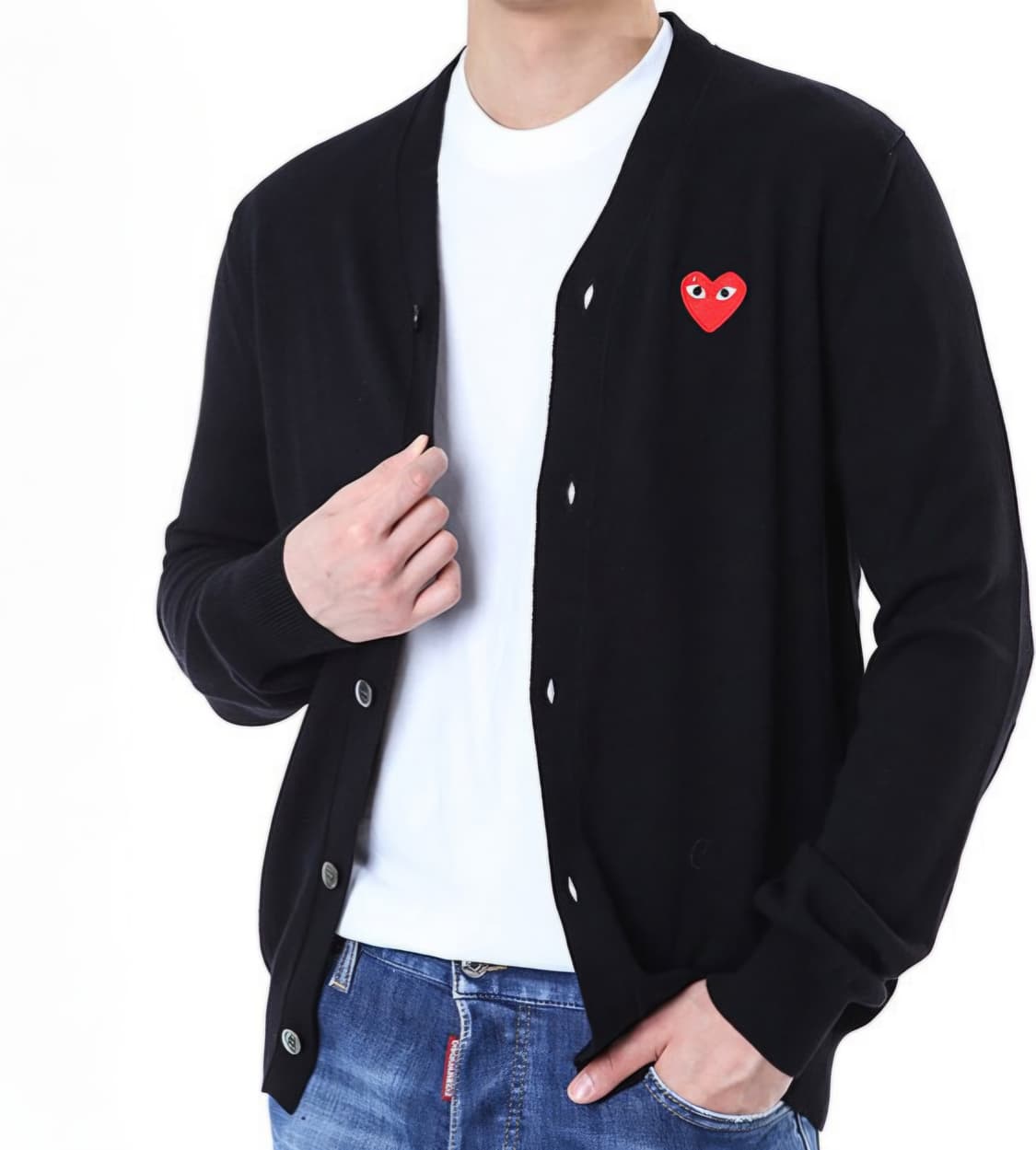 꼼데가르송 레드하트 와펜패치 울 니트 가디건 XL 상품이미지1