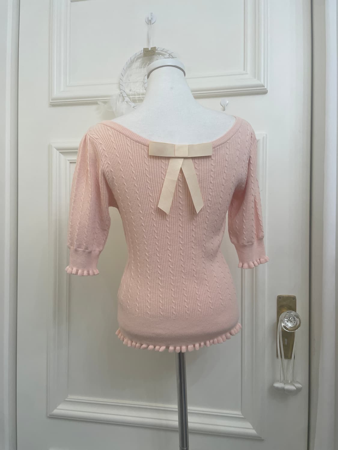 coral pink twist back bow half knit top 상품이미지3