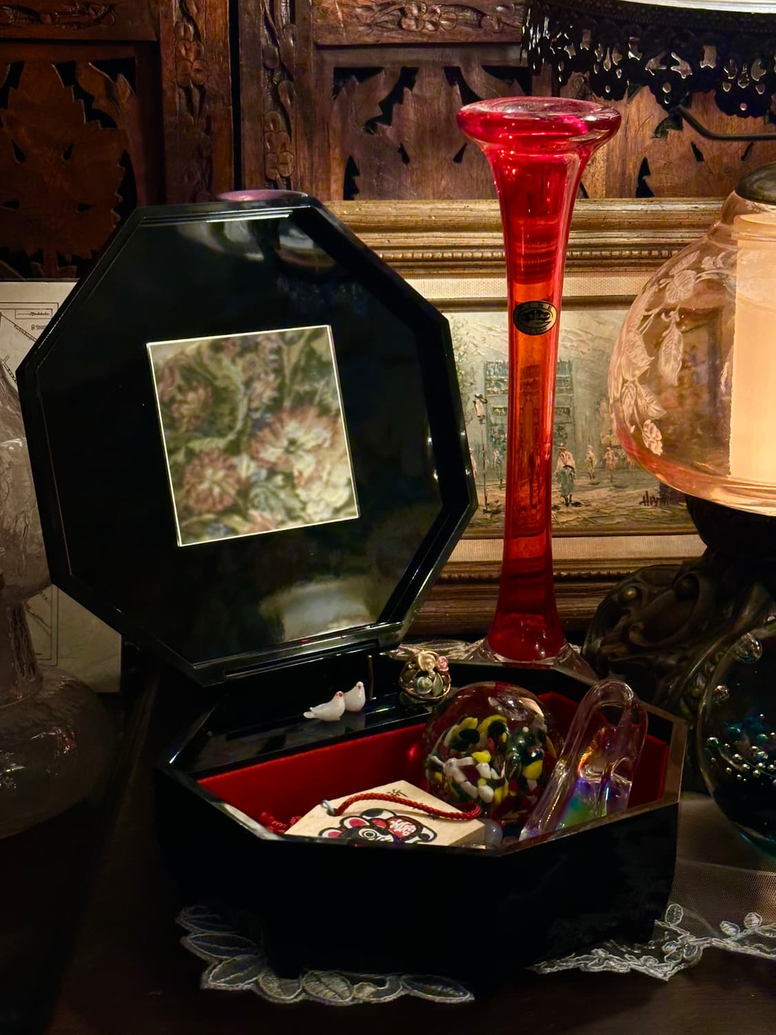 일본 빈티지 오르골 팔각 칠기 보석함 소품함 상품이미지2