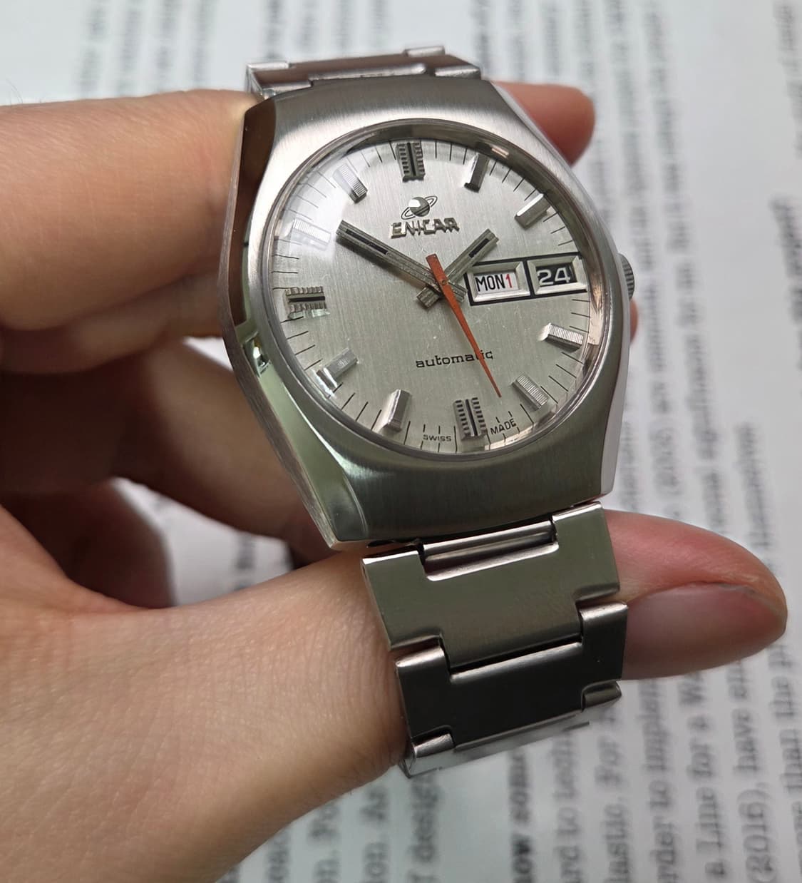 레어] 빈티지 애니카(Enicar) 데이데이트 실버판 오렌지초침 오토매틱 상품이미지5