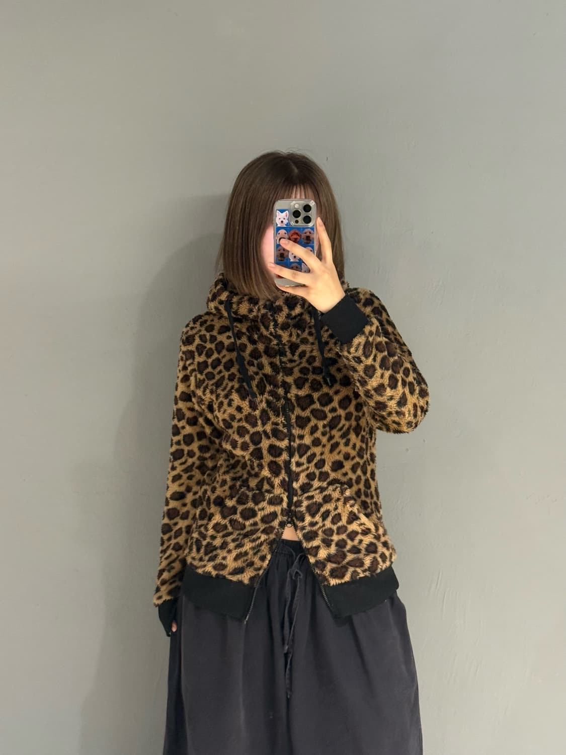 leopard pattern fleece hood zip-up  상품이미지1