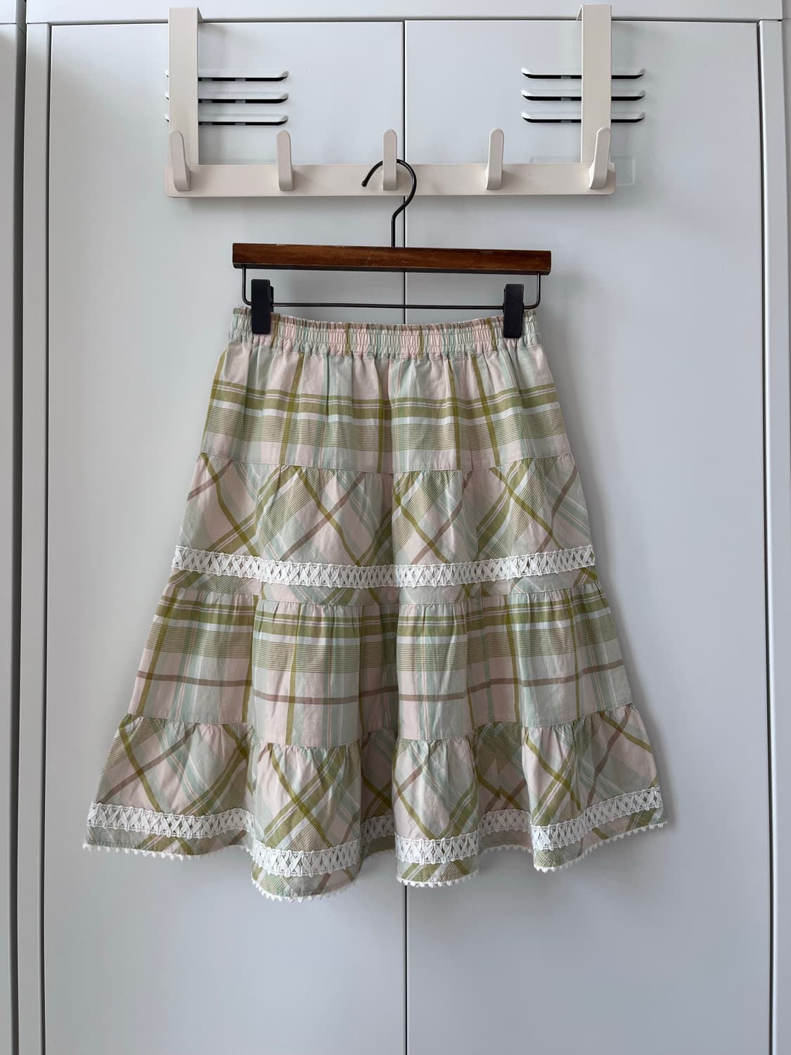 Olive girl 그린 체크 레이스 미디 스커트  상품이미지3