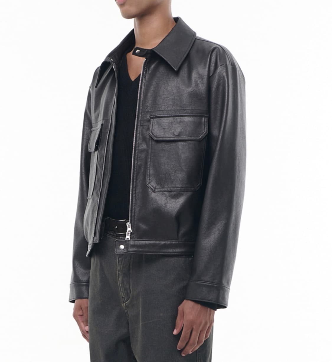 [새상품]비슬로우 비건 레더 밀리터리 집업자켓 블랙 상품이미지5