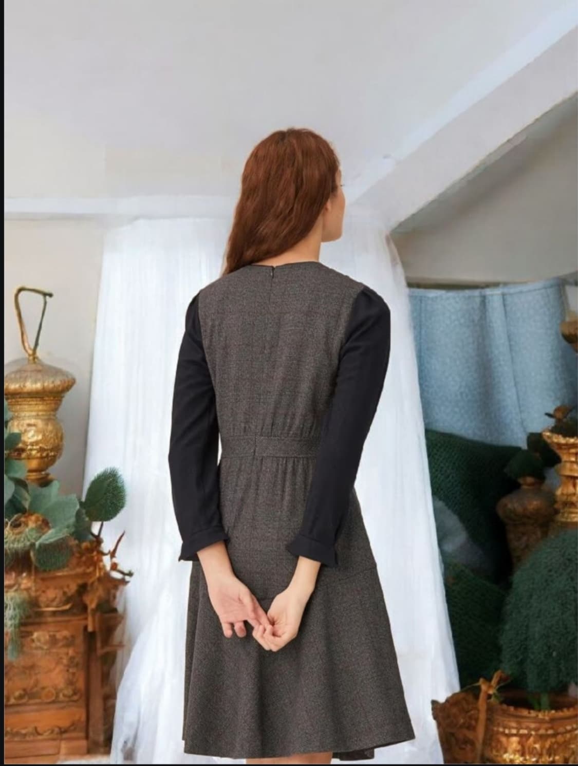 헤지스레이디스 그레이 체크배색 울혼방 미디원피스 66 상품이미지2