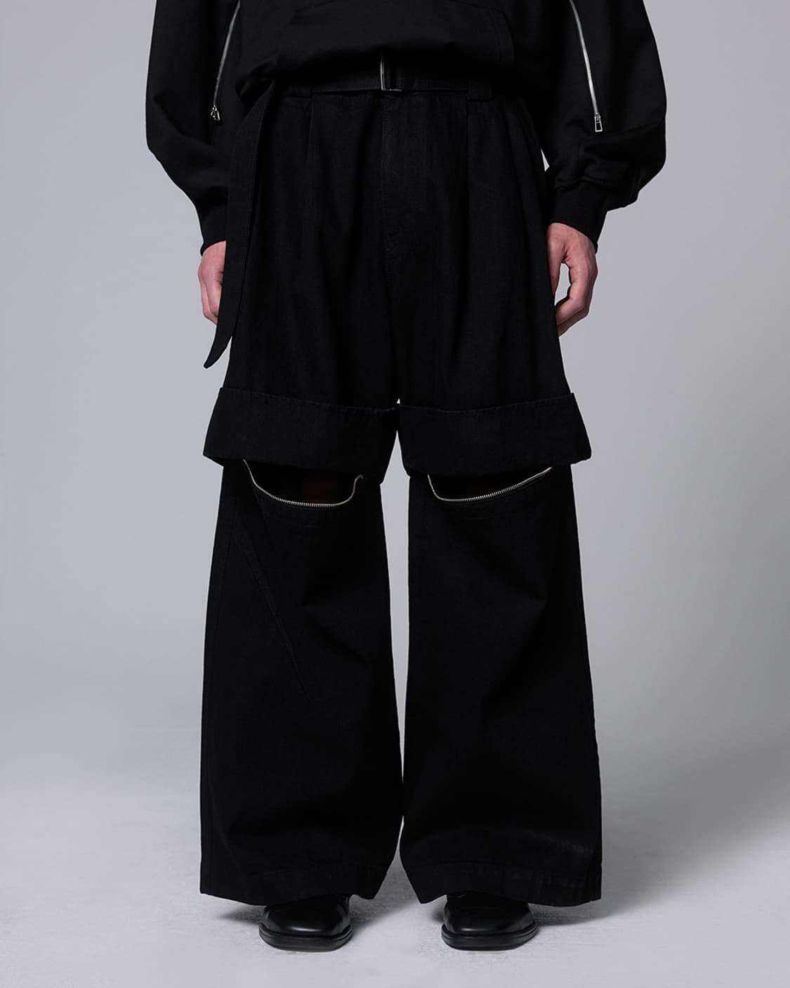 송지오 컬렉션 메타 벨티드 와이드 데님 팬츠 블랙 상품이미지1