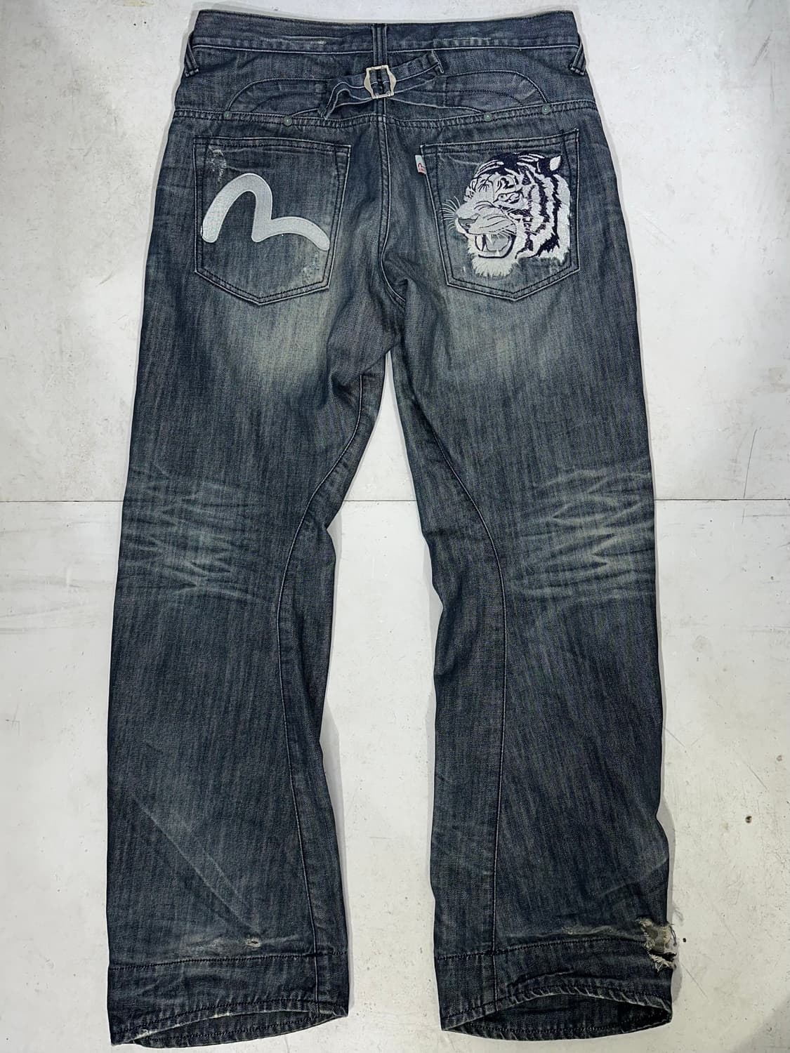 에비수 진청 호랑이 자수 와이드 워싱 데님 힙합 새깅 팬츠 청바지  상품이미지6