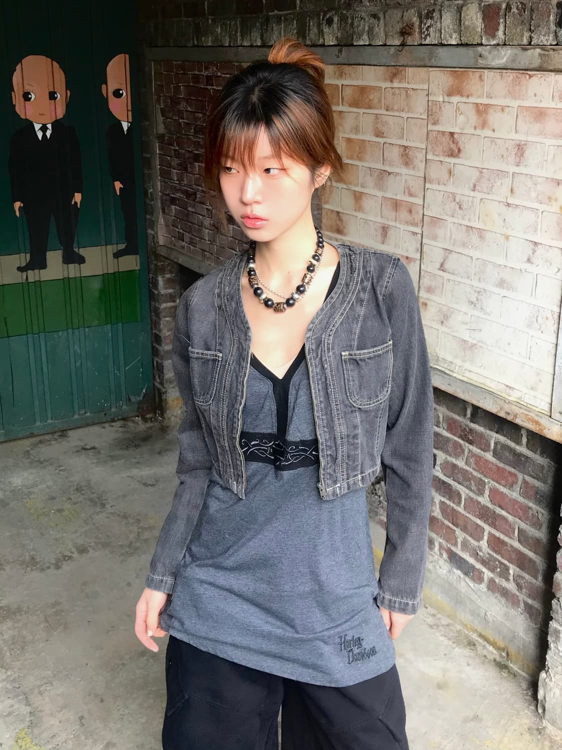 (상의 세트) 할리데이비슨 그레이 원피스 나시 + 흑청 크롭 자켓 상품이미지3