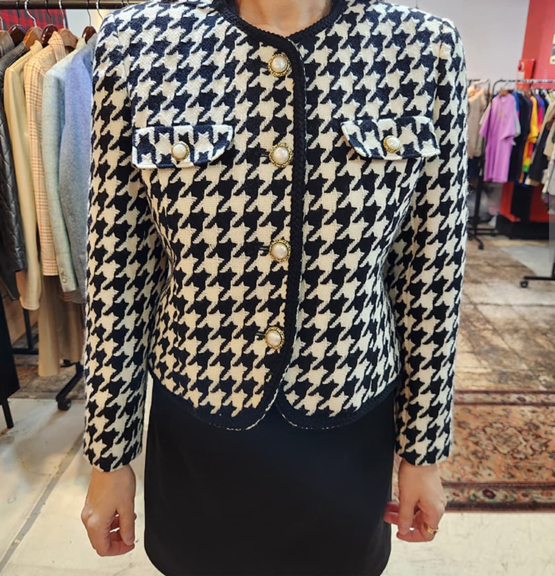 LOBJIE 트위드 체크 진주 버튼 자켓 상품이미지3