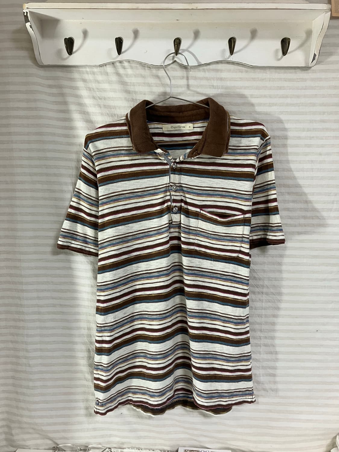 빈티지 브라운 스트라이프 카라 반팔 1059 모리걸 y2k 스트릿 갸루  상품이미지1