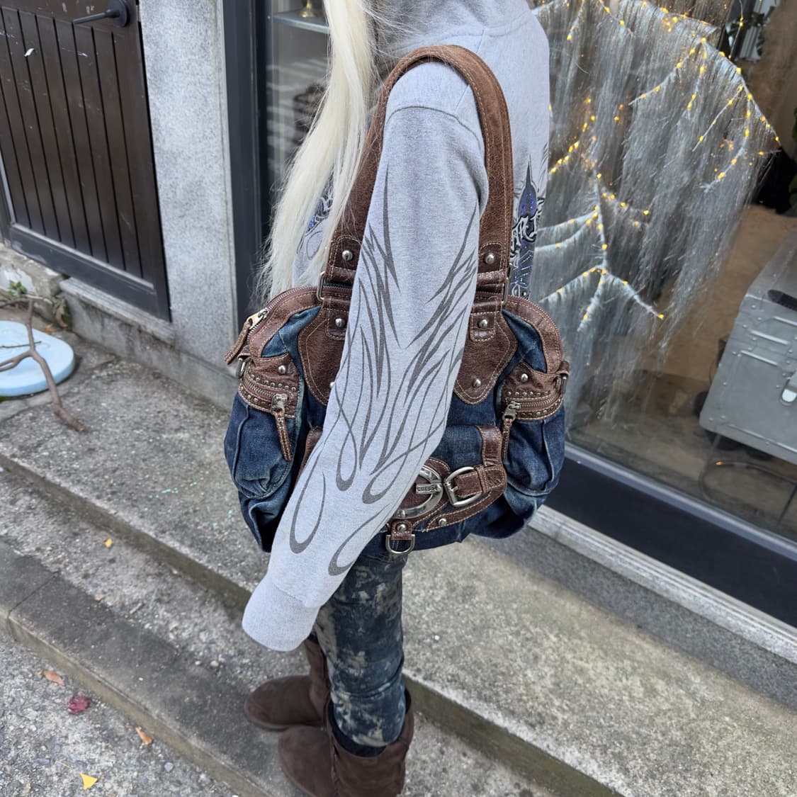 00s 빈티지 게스 XL 데님 빅 버클백 가방 상품이미지10