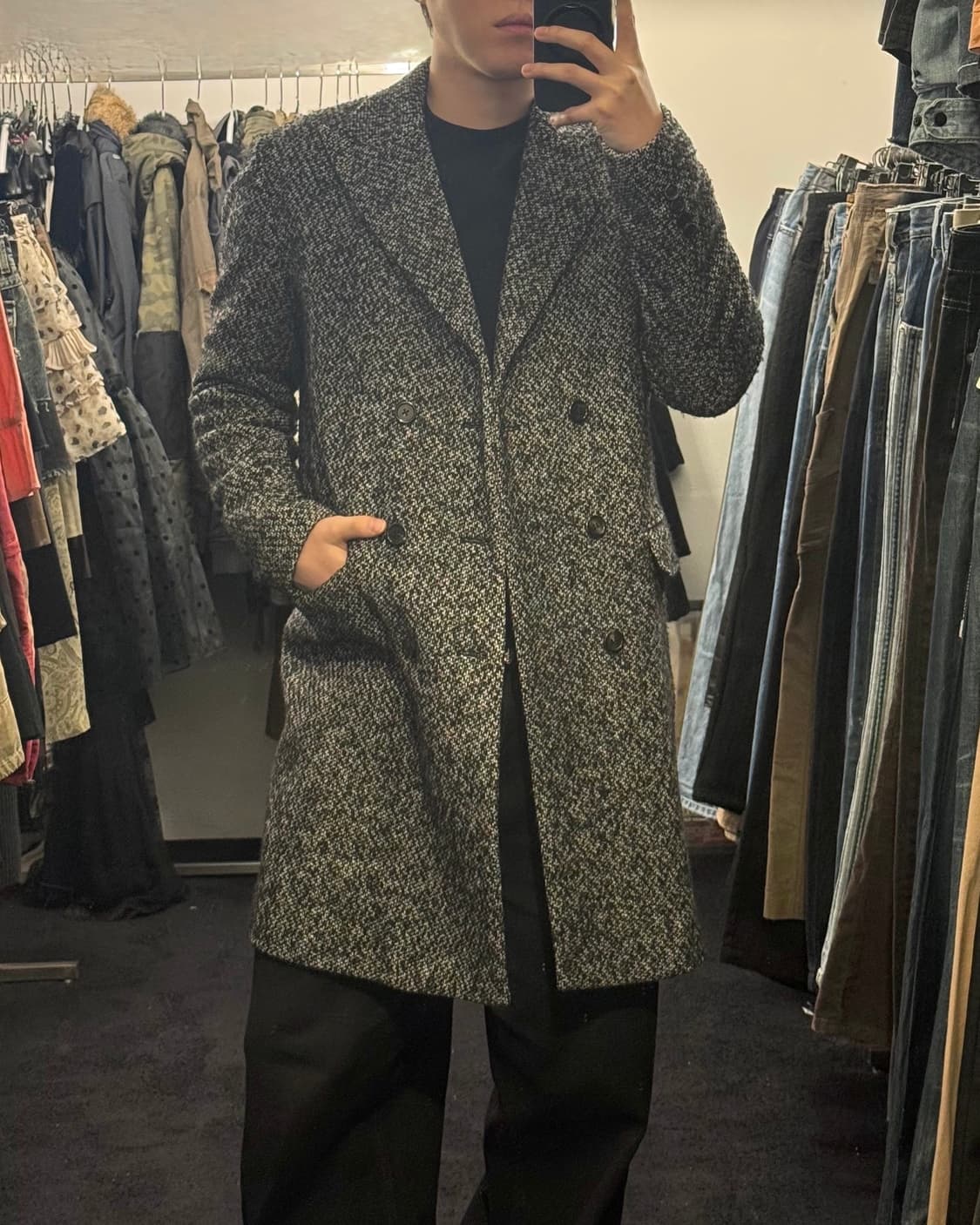 알뮤트 울 모 보카시 차콜 블랙 피크드 더블 롱 코트 고스 펑크 락시크 상품이미지1