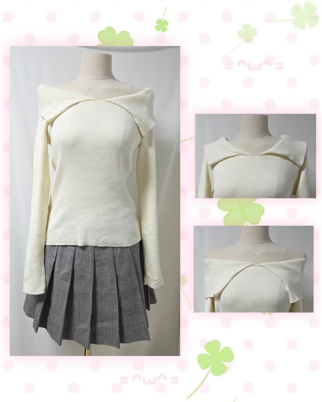 OZUL BY MOUSSY 아이보리 카라 오프숄더, 체크 플리츠 스커트 상품이미지2