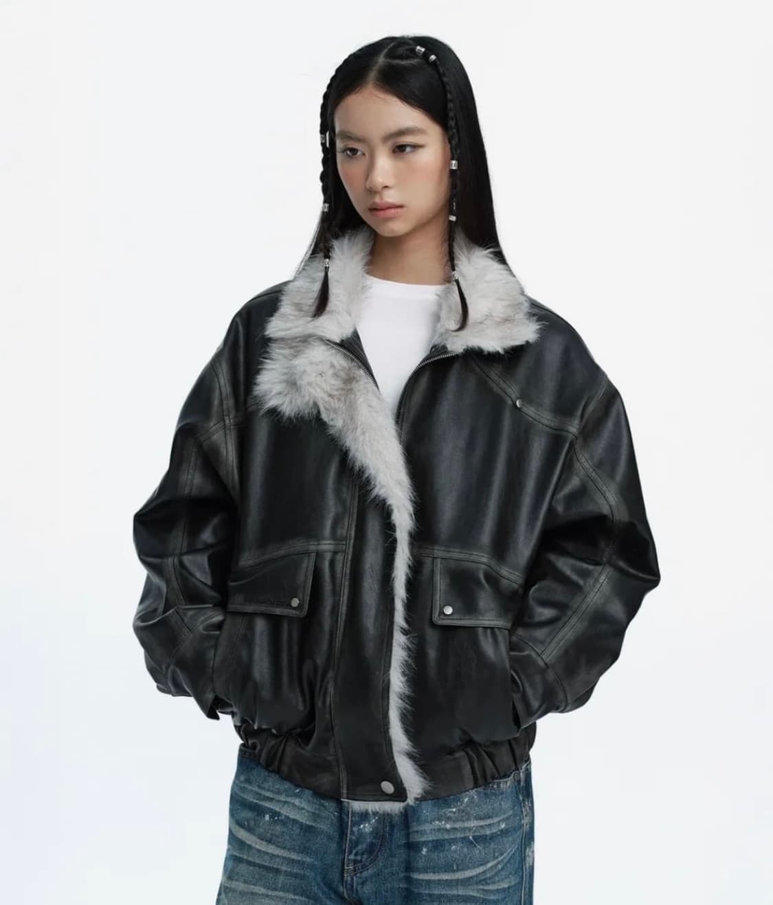 (새상품) 러프넥 워싱 레더 무스탕 자켓 그레이 상품이미지2