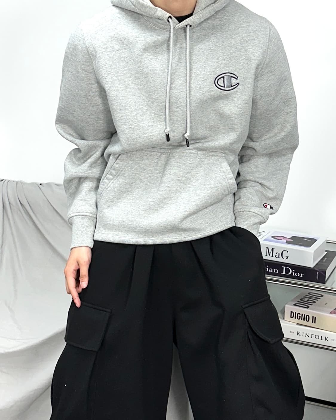 챔피온 그레이 슈퍼플리스 빅로고 후드티 M 상품이미지2