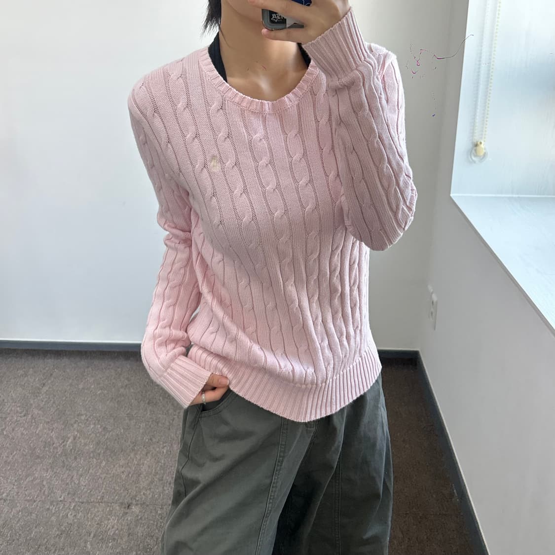 Polo 폴로 아이보리 포니 라이트핑크 케이블 니트  상품이미지1