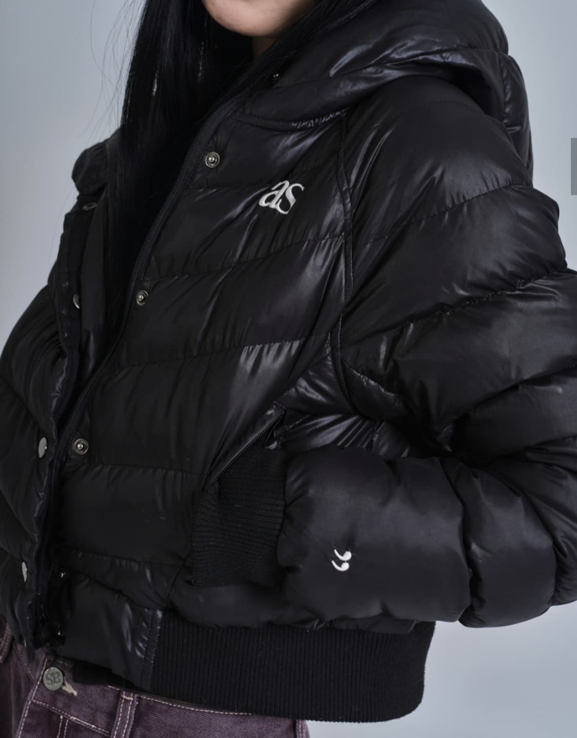 (공홈품절)애즈온 y2k 크롭 숏 푸퍼 자켓 블랙 상품이미지1