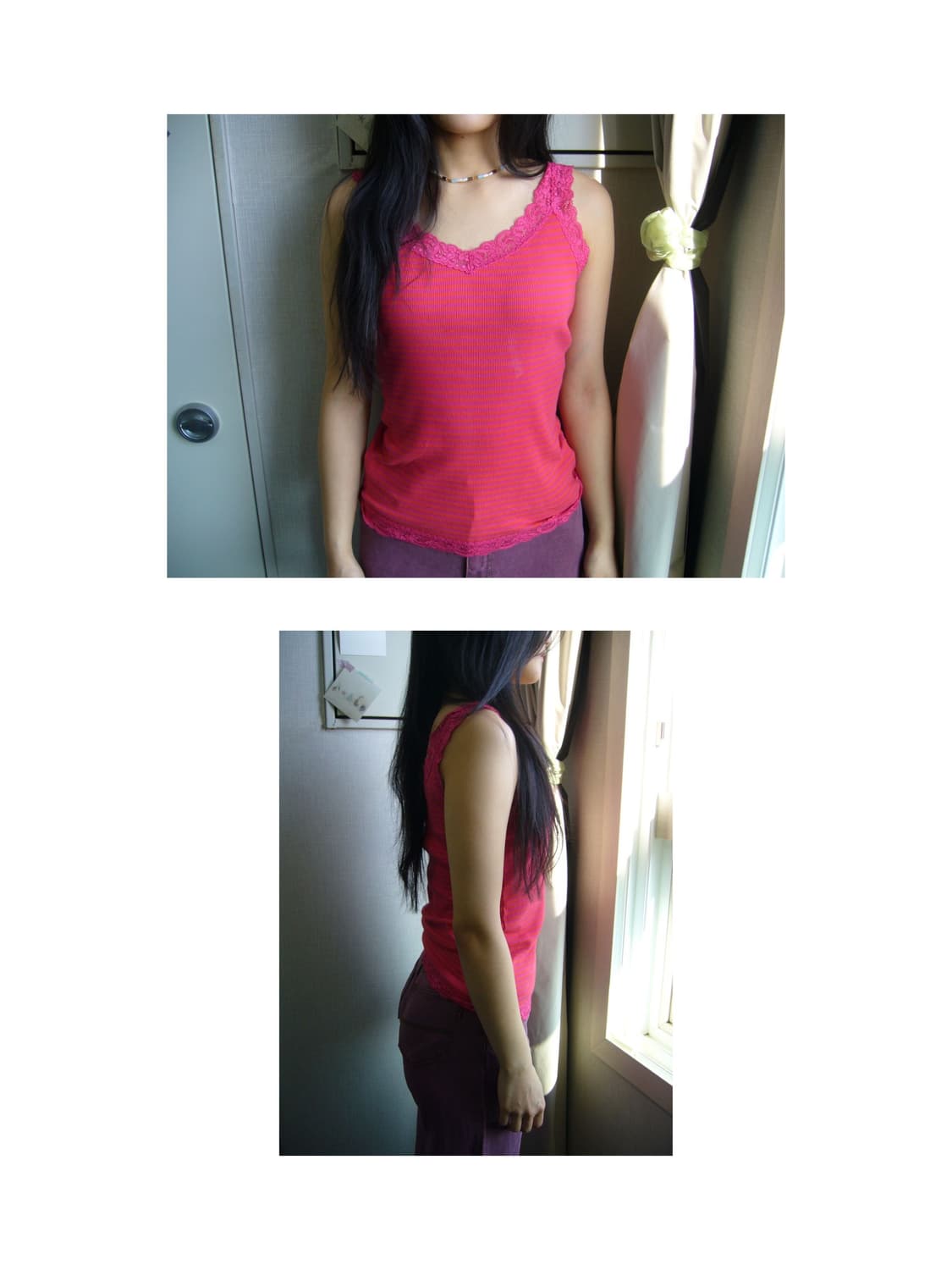 빈티지 유니클로 핑크레드 스트라이프 레이스 나시 상품이미지6