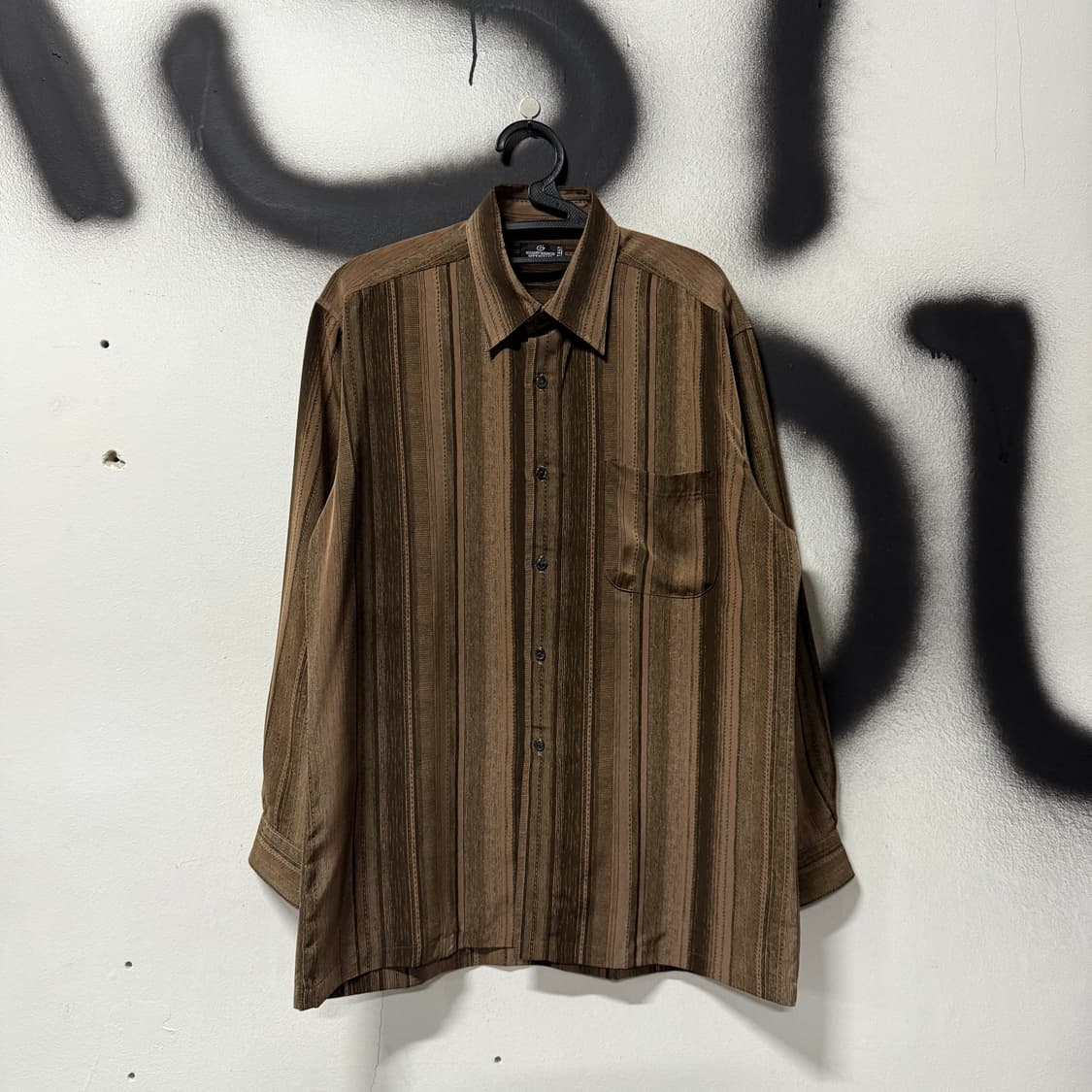 VTG 빈티지 다크 브라운 스트라이프 폴리 원포켓 긴팔 셔츠 상품이미지1