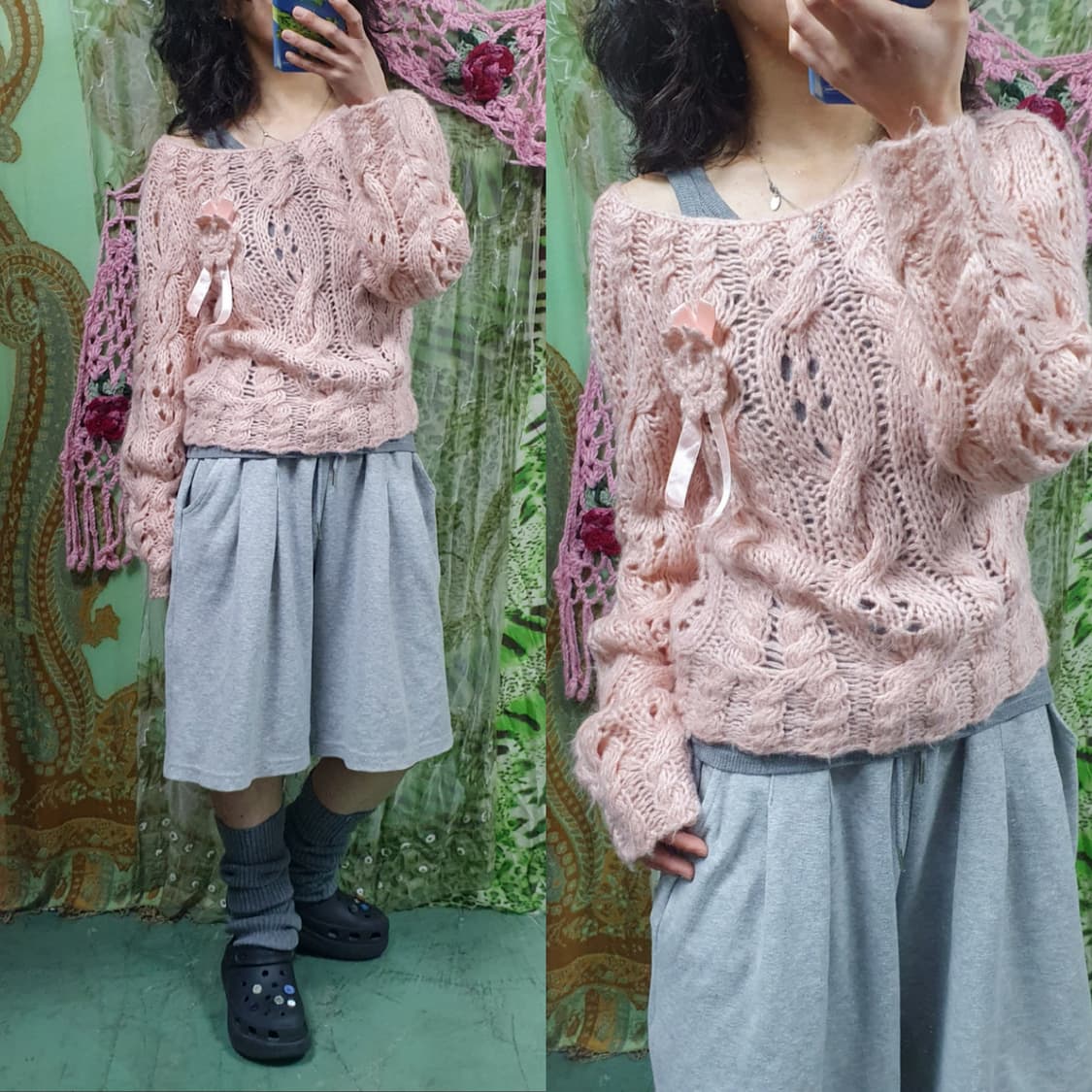 로제트 코사지 니트 스웨터 핑크 상품이미지1