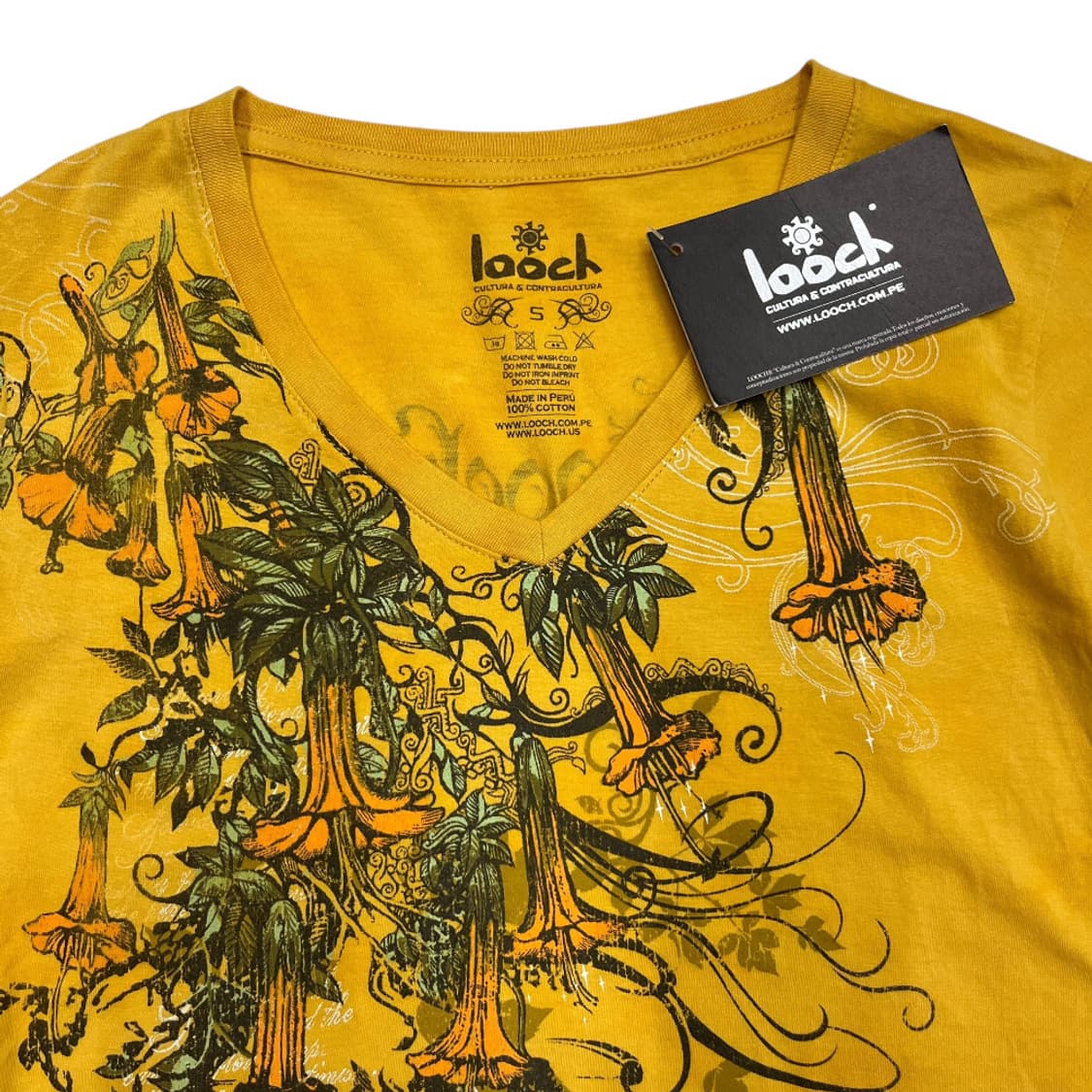 00s USA 오리엔탈 프린팅 머스타드 브이 반팔 S 상품이미지5