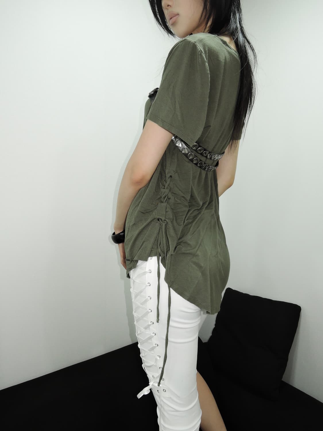 Side Lace-Up Raw Hem T-Shirt 상품이미지2