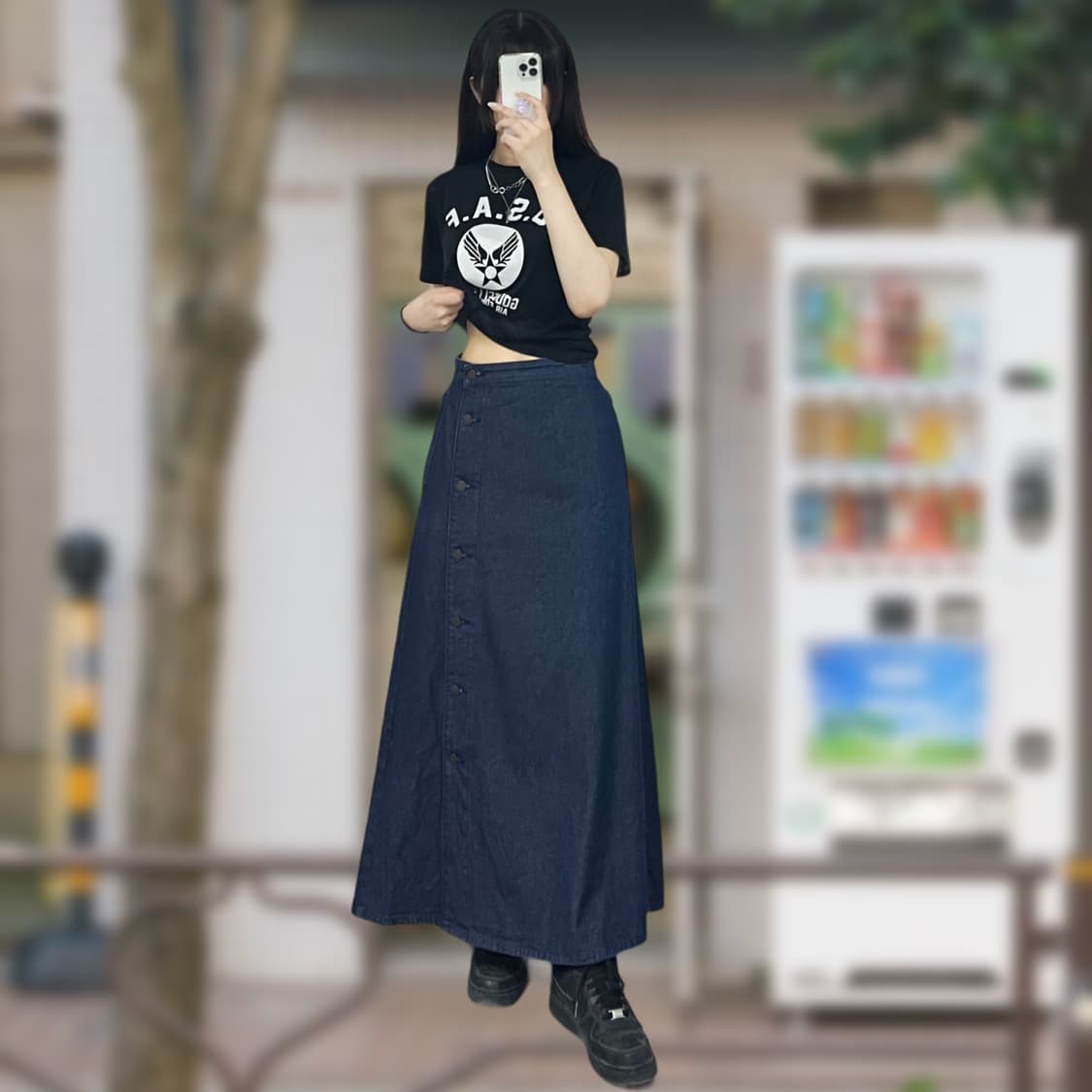 랩 버튼 데님 롱스커트 상품이미지1