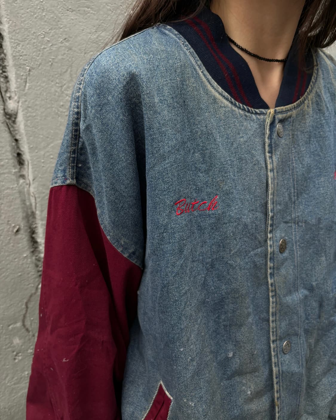 90s vintage Denim burgundy varsity Jk 상품이미지4