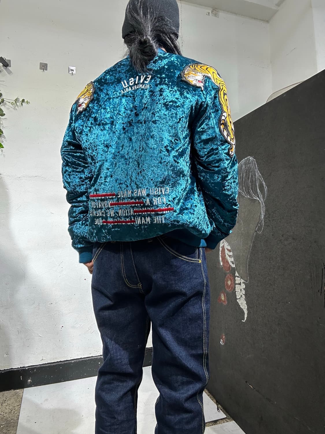 Evisu 에비수 청록 벨벳 빅호랑이 자수 스카잔 M 상품이미지3