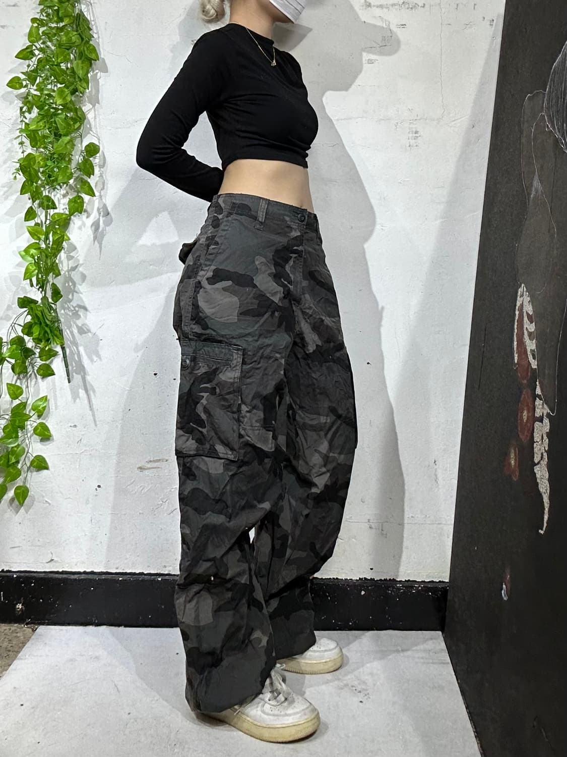 일본빈티지 VACHEC 카키 밀리터리 카모 와이드 카고 팬츠 군대 바지  상품이미지1