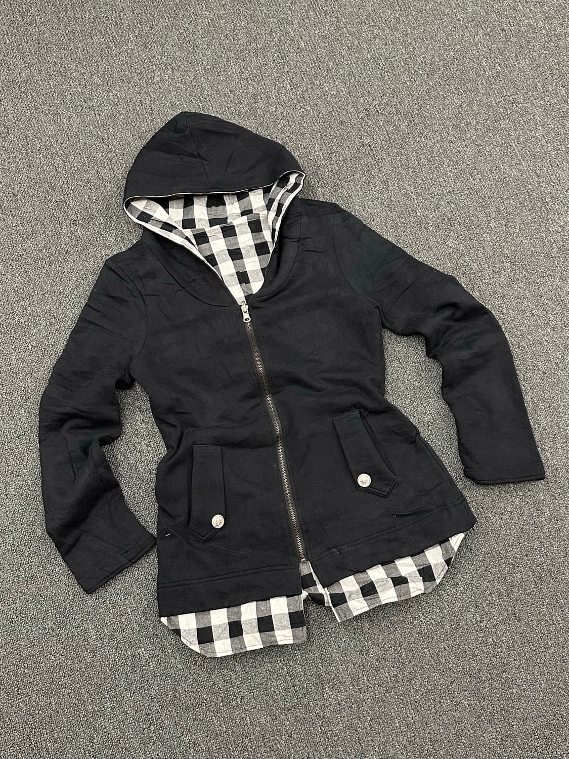 OS)Japanese Vintage 여성 금장버튼 체크 레이어드 후드집업 상품이미지2
