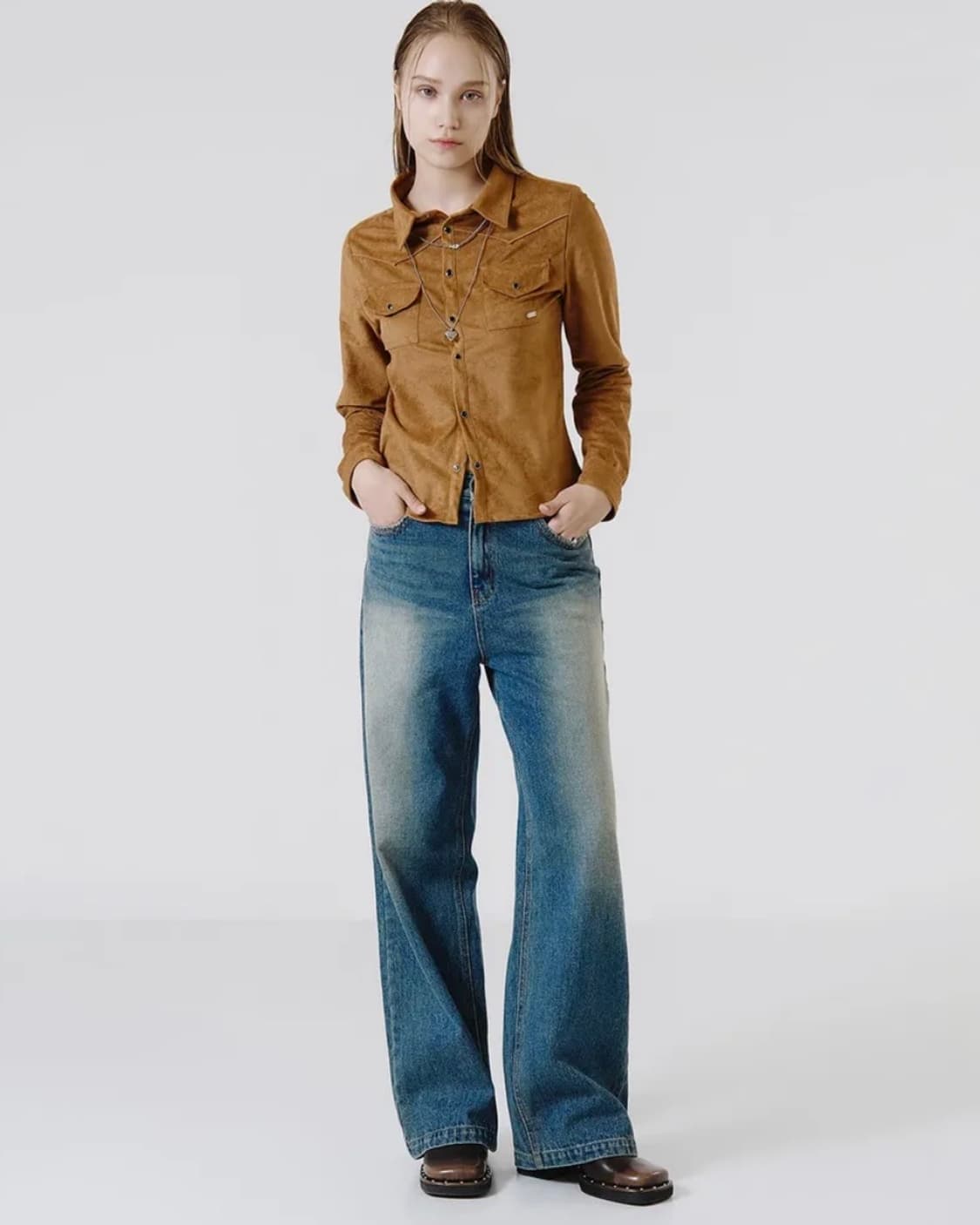 슬로우레코드하우스 스웨이드 셔츠 카멜 L사이즈 상품이미지1