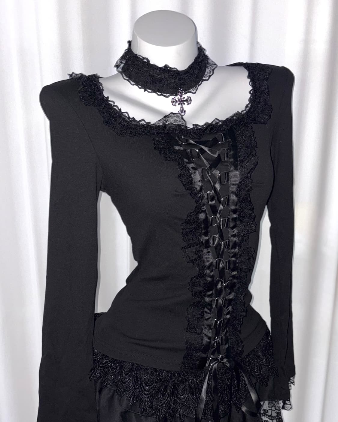 [black swan] 레이스 코르셋 고딕 펑크 고스 쿠로 갸루 블라우스 상품이미지3
