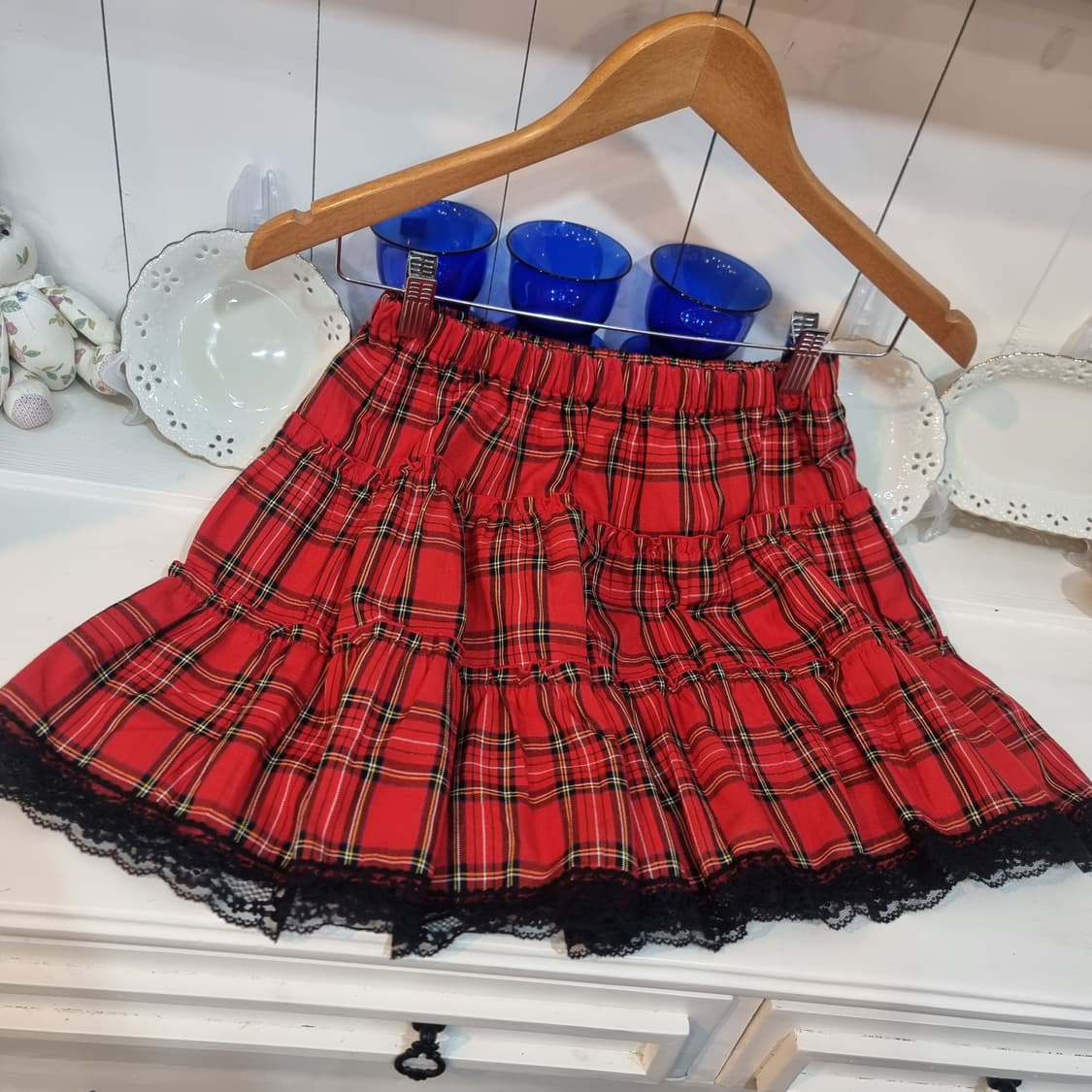레드 타탄 체크 레이스 프릴 스커트 상품이미지2
